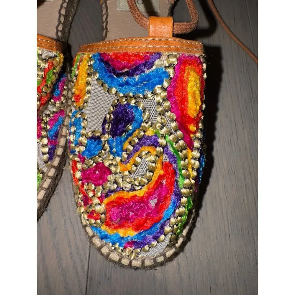 Gaimo Colorful Paisley Embroidered Espadrille Strappy Ankle Tie Sandals Size 38